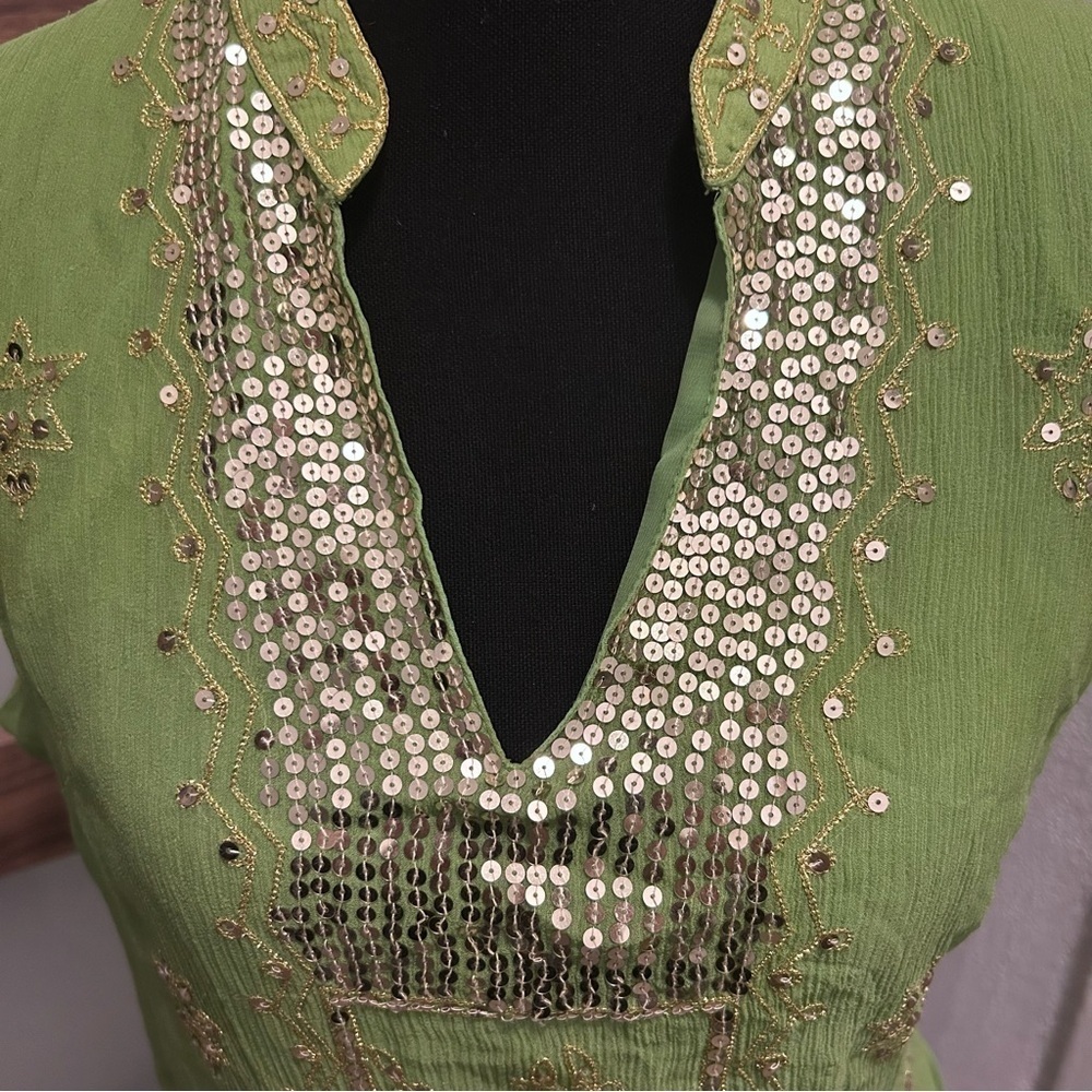 Vintage SilkLand Green Sequins 100% Silk Sleeveless Blouse Boho. Size L - Picture 3 of 7